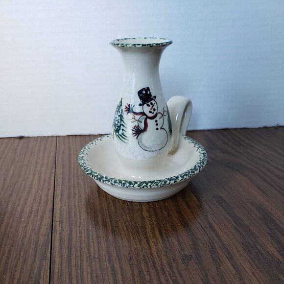 Vintage Ceramic Snowman Holiday Themed 5 Inch Candle Holder - Picture 1 of 6